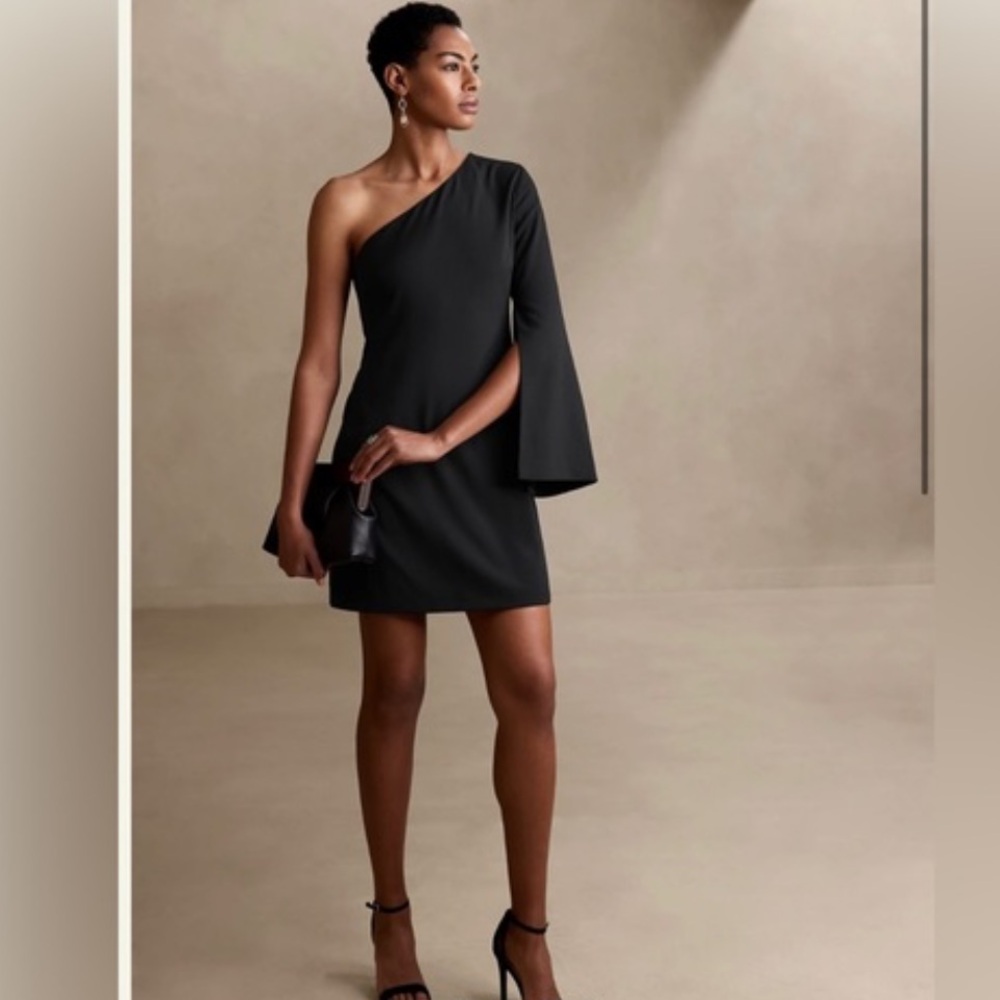Banana Republic Petite Black One Shoulder One Sleeve Dress Sz 8 Wide Sleeve NWT